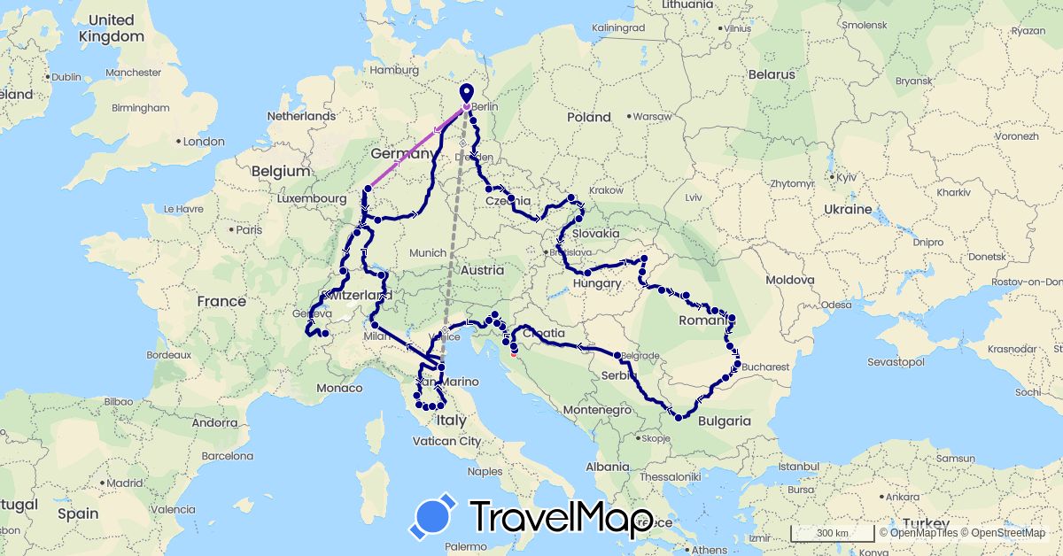 TravelMap itinerary: driving, plane, train, hiking in Bulgaria, Switzerland, Czech Republic, Germany, France, Croatia, Hungary, Italy, Romania, Serbia, Slovenia, Slovakia (Europe)