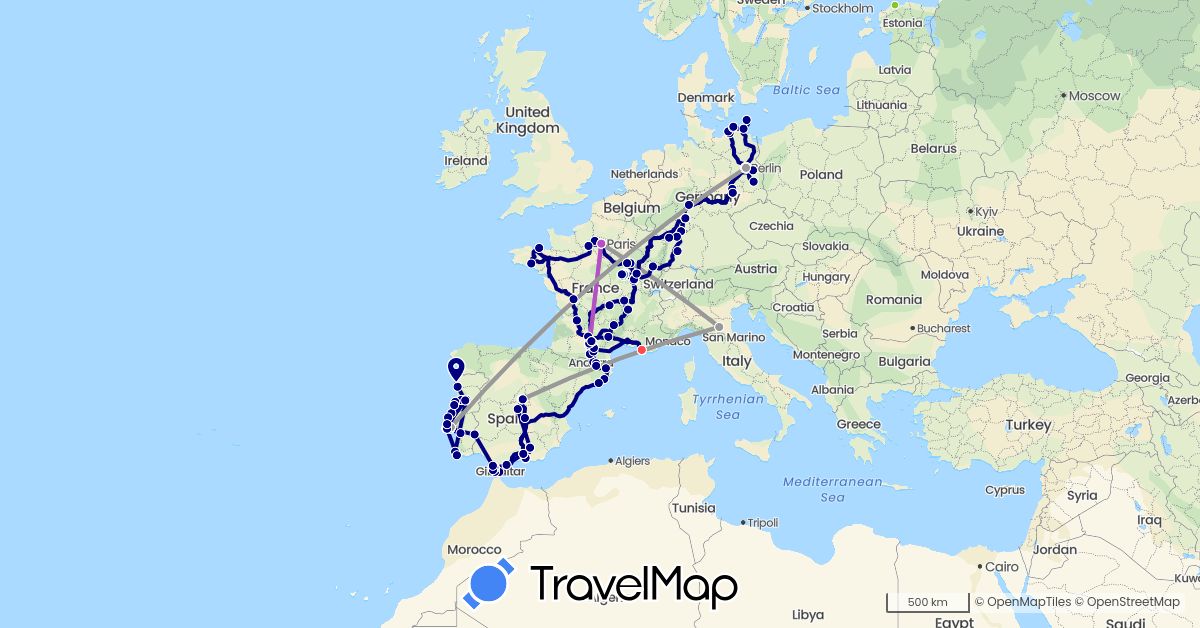 TravelMap itinerary: driving, plane, cycling, train, hiking, electric vehicle in Andorra, Germany, Estonia, Spain, France, Italy, Norway, Portugal (Europe)