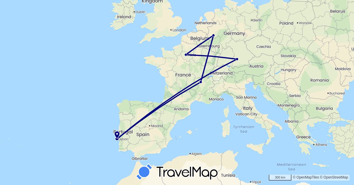 TravelMap itinerary: driving in Germany, France, Portugal (Europe)