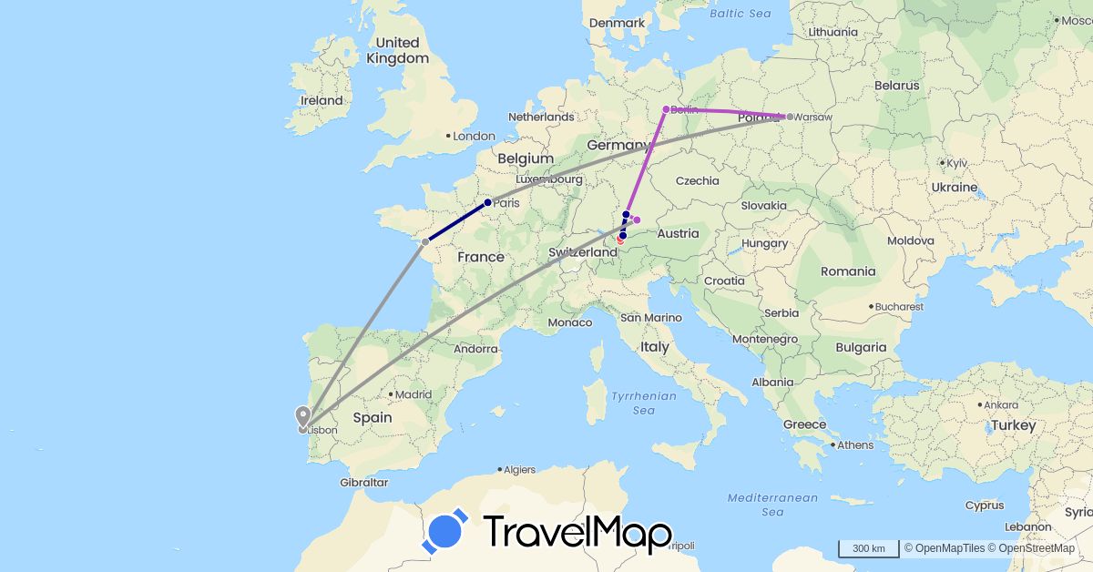 TravelMap itinerary: driving, plane, train, hiking in Austria, Germany, France, Poland, Portugal (Europe)