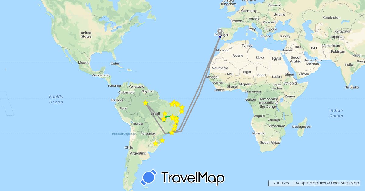 TravelMap itinerary: driving, bus, plane, cycling, hiking, boat in Brazil, Portugal (Europe, South America)