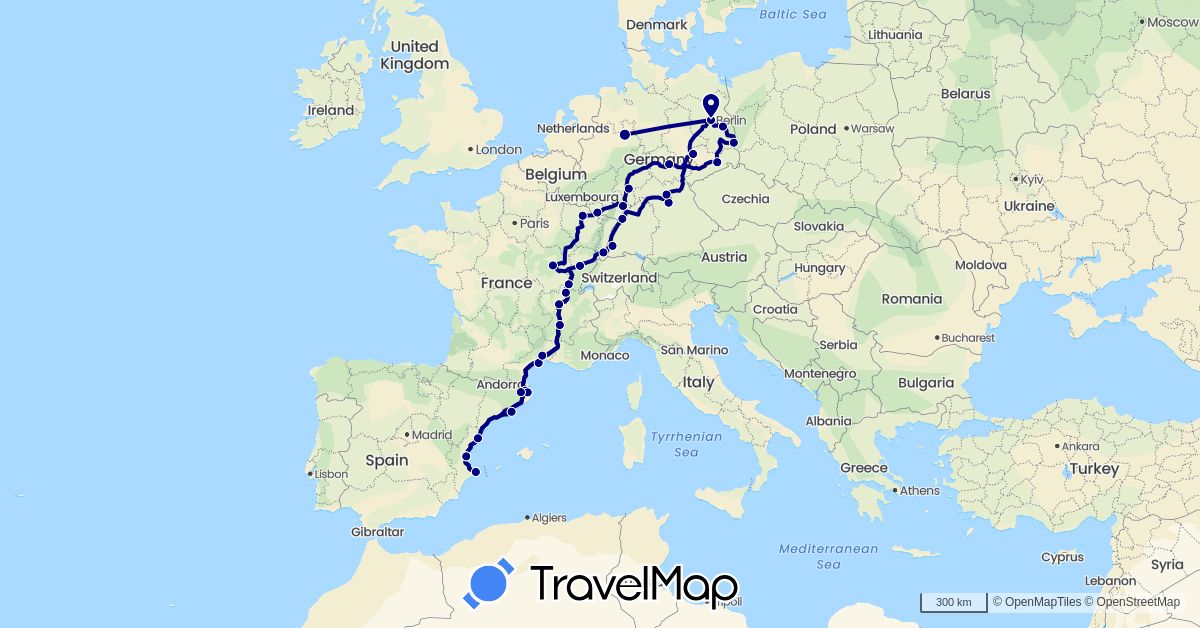 TravelMap itinerary: driving in Germany, Spain, France, Poland (Europe)